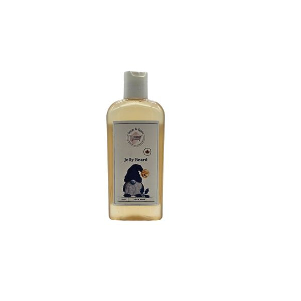 Jolly Beard Body Wash in a clear bottle with a white cap and a navy-hatted gnome on the label.