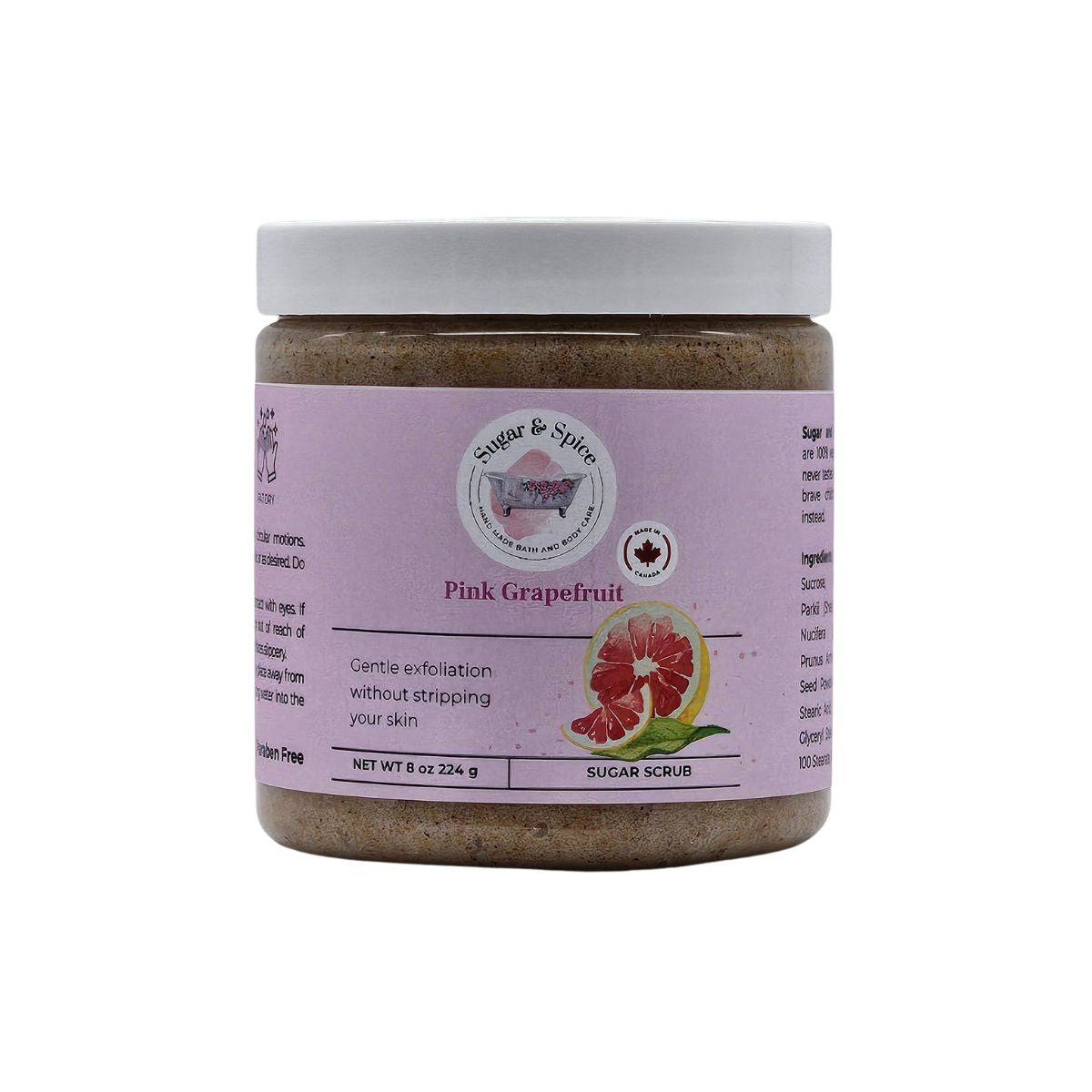 Jar of Pink Grapefruit Sugar Scrub with a white lid on a white background