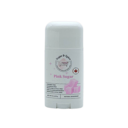 White deodorant stick with 'Pink Sugar' branding on a white background