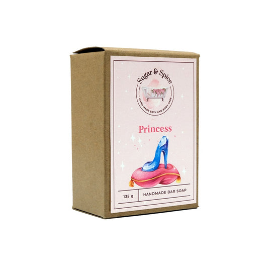 A packaged bar of soap named 'Princess', with an illustration of a high-heeled shoe on the label, indicating it is handmade bar soap weighing 115 grams.