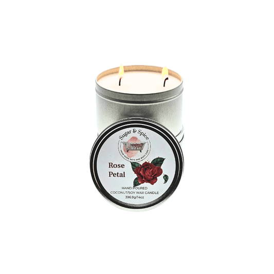 A silver tin container with a two-wick coconut wax candle, labeled 'Rose Petal' with an image of a rose on it.