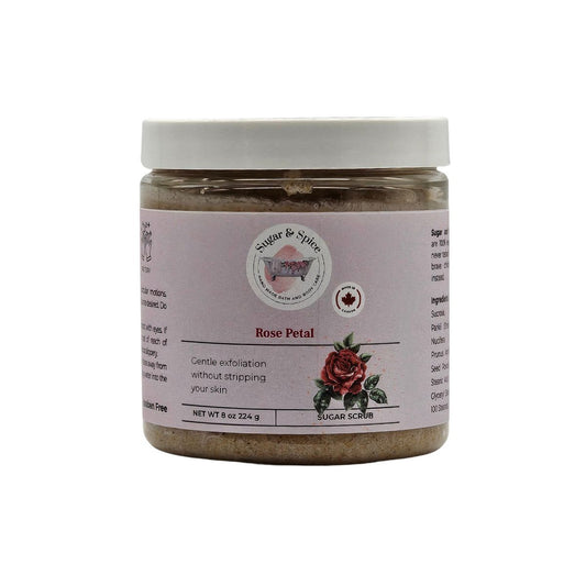 Jar of Rose Petal Sugar Scrub with a white lid on a white background