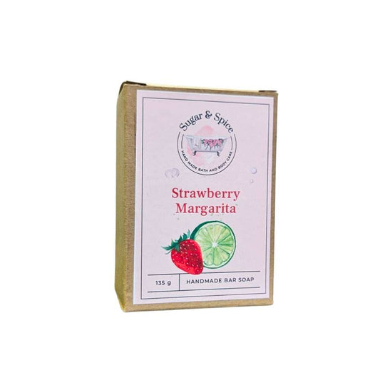 Packaged bar soap with 'Strawberry Margarita' written on the label, indicating the scent or flavor.