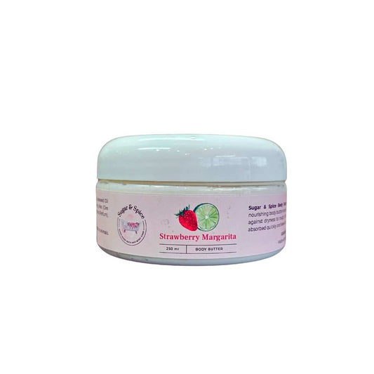 A jar of Strawberry Margarita body butter with a label showing a strawberry and a lime, suggesting a cocktail theme.