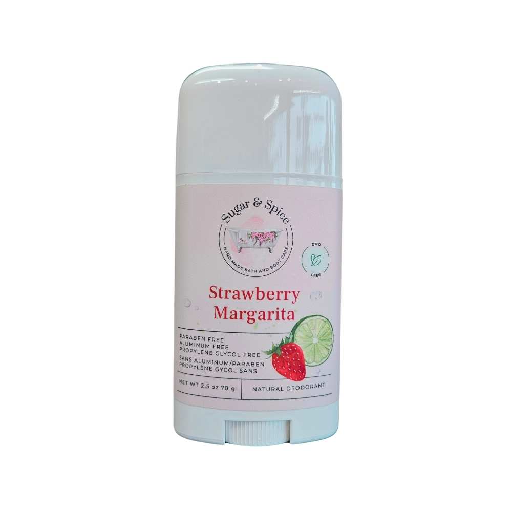 A photo of Strawberry Margarita Natural Deodorant by Sugar & Spice. The deodorant is white, with an image of a strawberry and a slice of lime on the label.