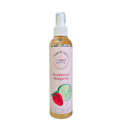 A bottle of Strawberry Margarita body mist with a label depicting a strawberry and a slice of lime.