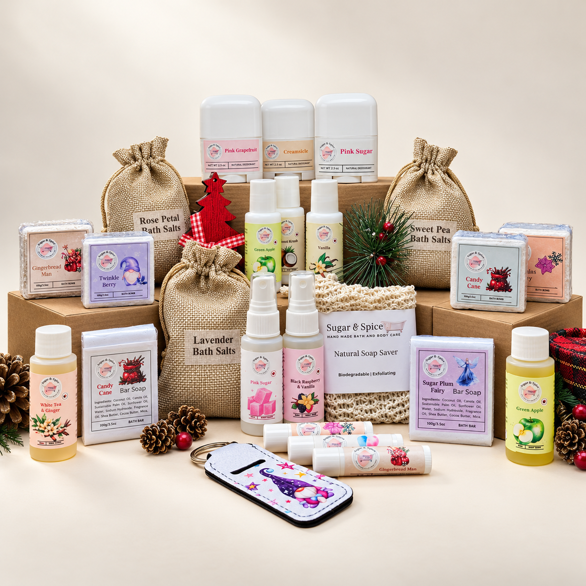 Sugar & Spice Advent Calendar assortment of soaps, bath salts, lip balms and mini body-care bottles with holiday decorations.