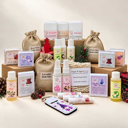 Sugar & Spice Advent Calendar assortment of soaps, bath salts, lip balms and mini body-care bottles with holiday decorations.