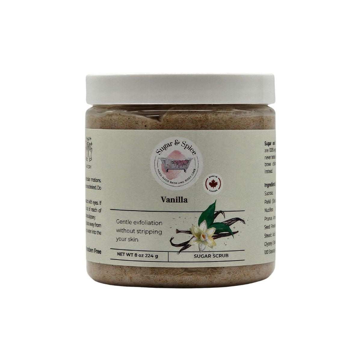 Jar of Vanilla Sugar Scrub with a white lid on a white background