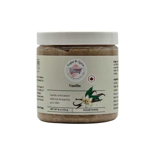Jar of Vanilla Sugar Scrub with a white lid on a white background