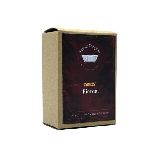 A packaged bar of soap labeled 'Men Fierce' from Sugar & Spice brand, indicating it is handmade bath soap.