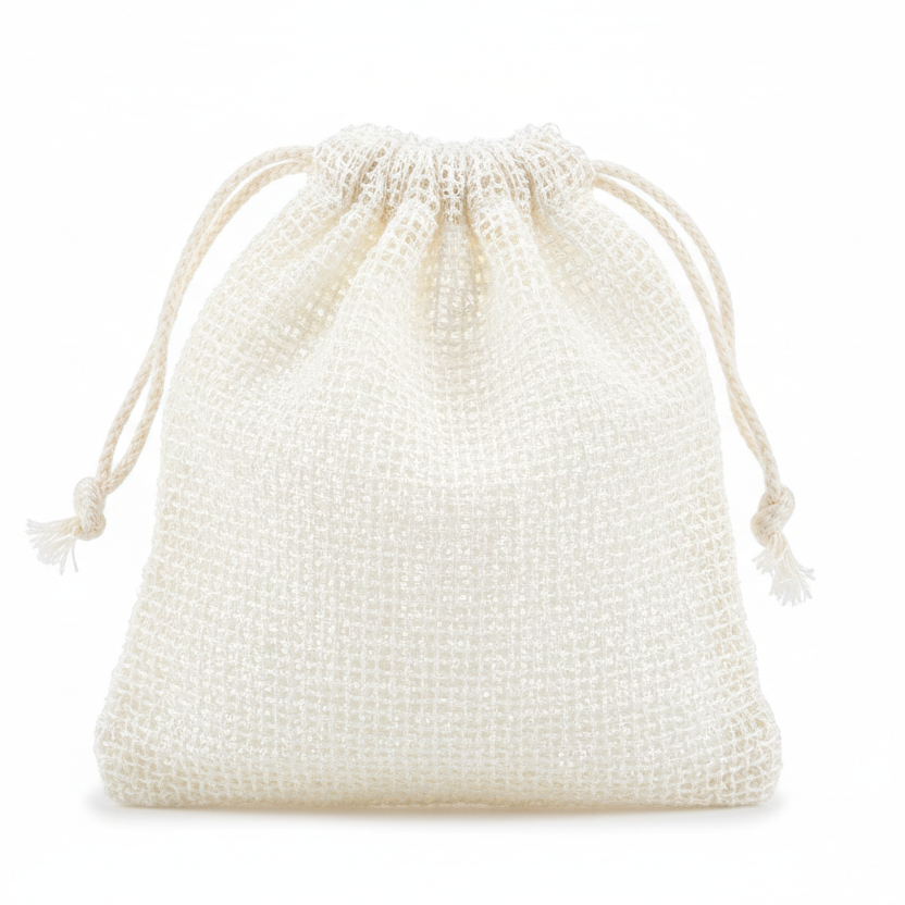 white sisal soap bag with a drawstring
